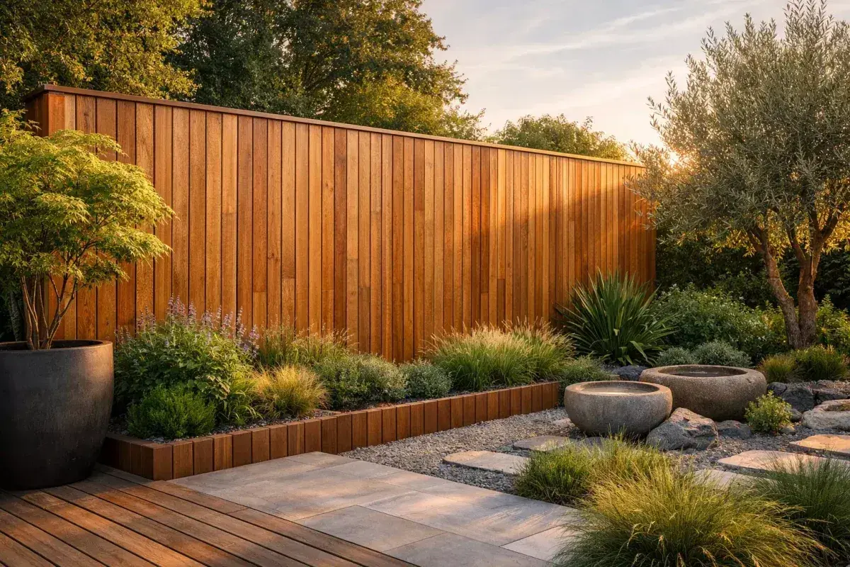 Jardin zen avec mur en bois, plantes luxuriantes et deux bassins en pierre. Une belle idée déco mur extérieur jardin pour une ambiance apaisante.
