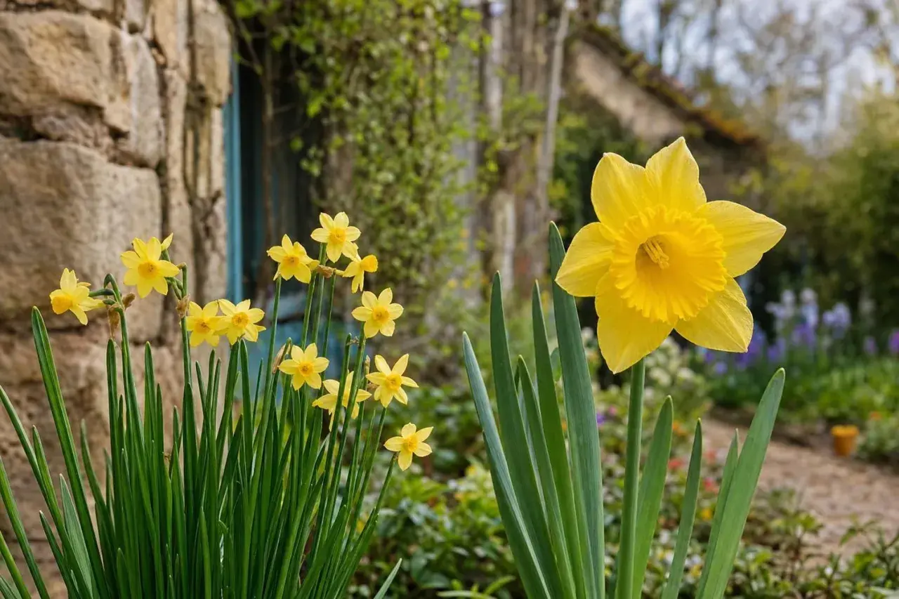 Un bouquet de jonquilles jaunes, symbole de renouveau, éclaire un jardin de pierre.