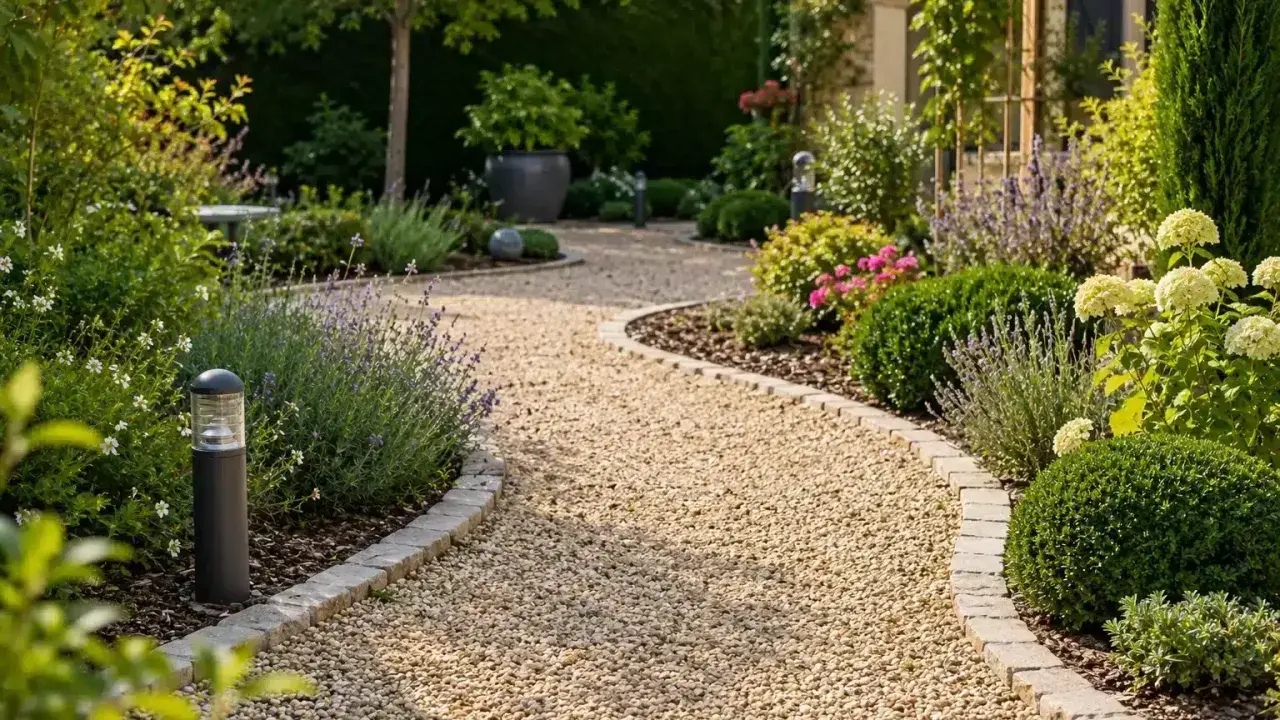 Une allée de jardin facile à faire serpente à travers des parterres de lavande, d'hortensias et de buis. Des bornes lumineuses éclairent le chemin.