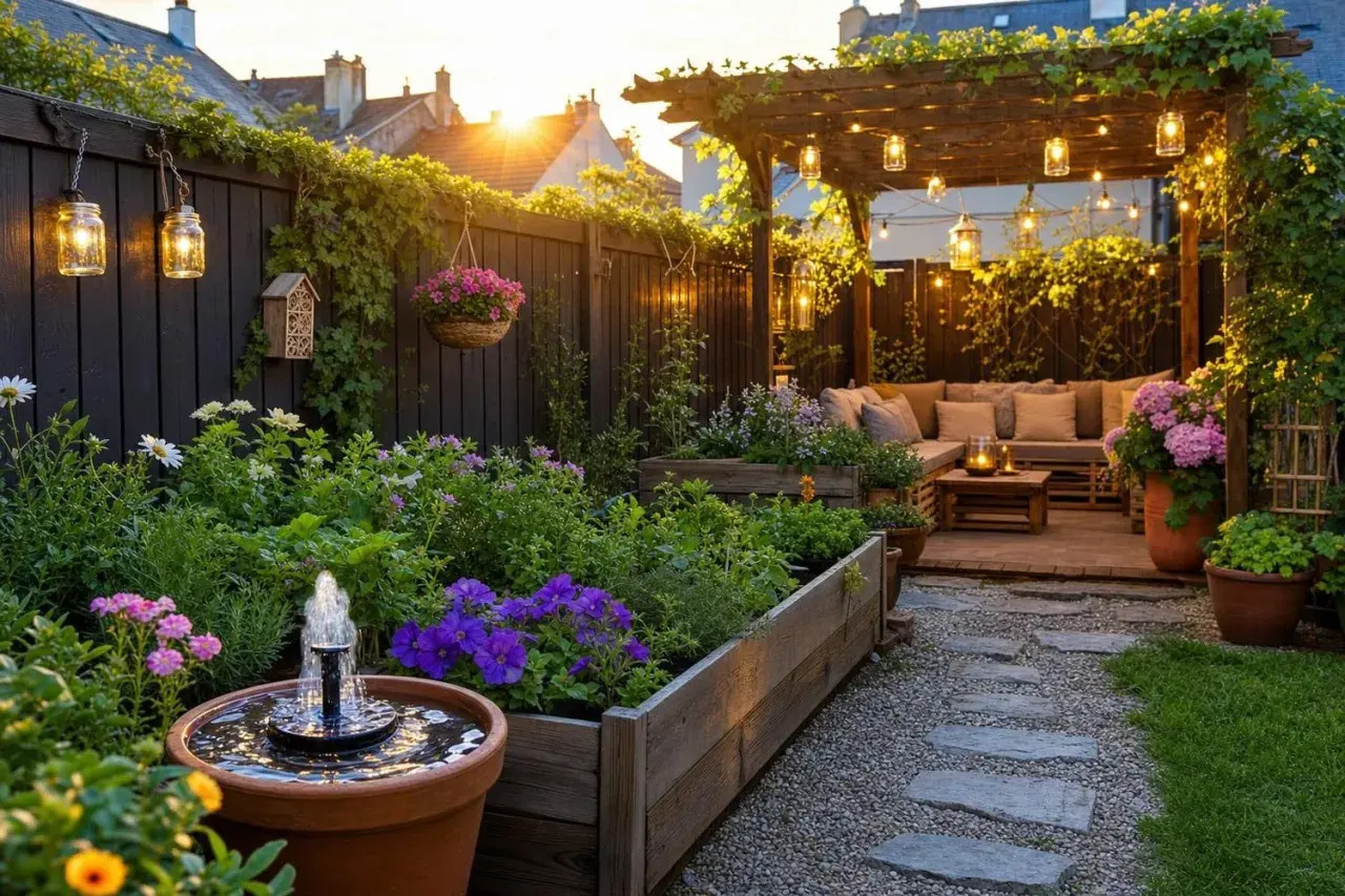 Un jardin zen pas cher avec des parterres surélevés, une fontaine, des lanternes et un coin salon sous une pergola illuminée.