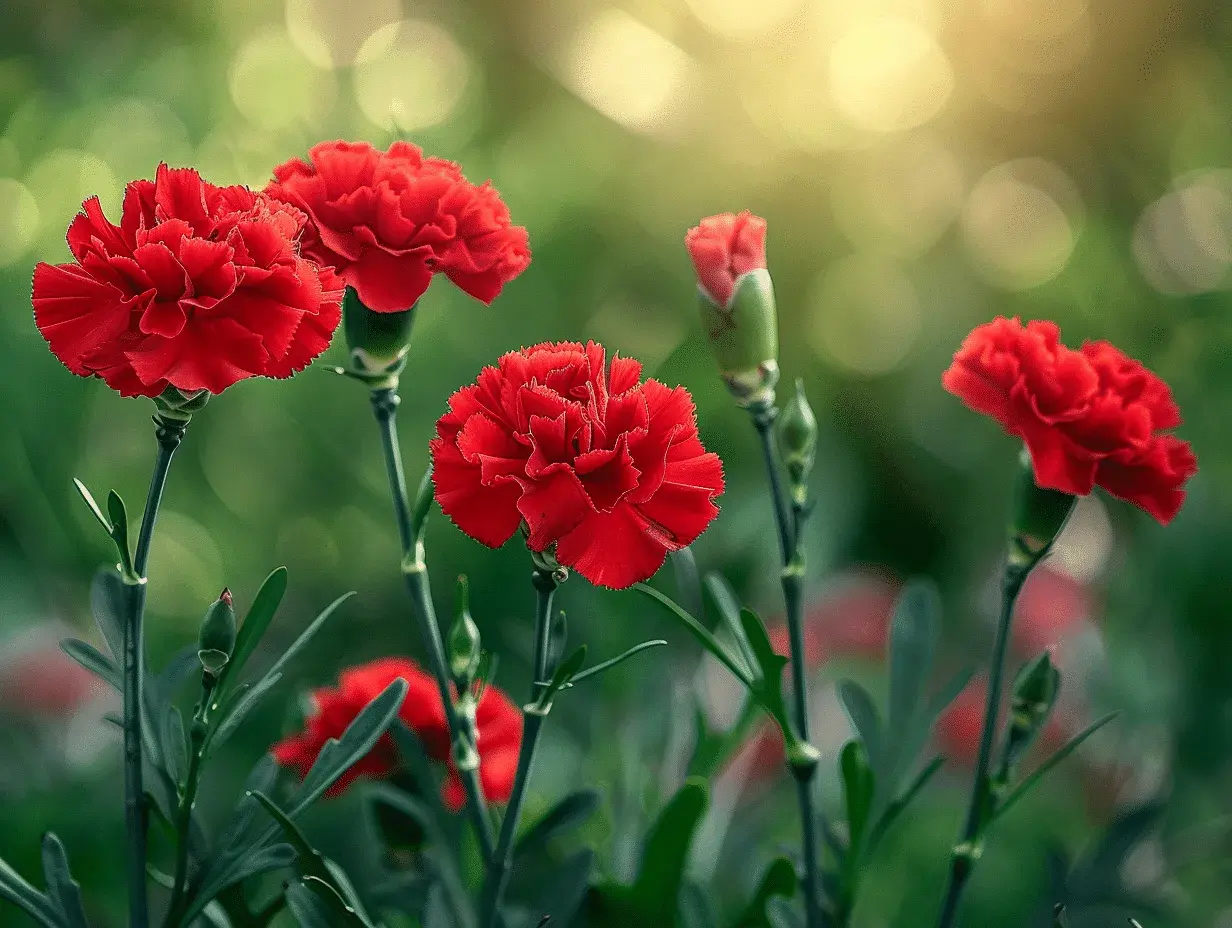 Plusieurs œillets communs rouges s'épanouissent dans un jardin, leurs pétales frangés capturant la lumière dorée du soleil.