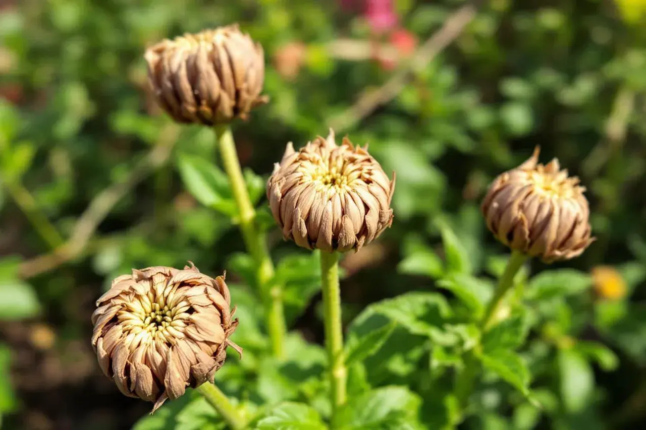 Quatre têtes de chrysanthème séchées, aux pétales brunâtres et serrés, évoquent la signification de la fin et de la transition.