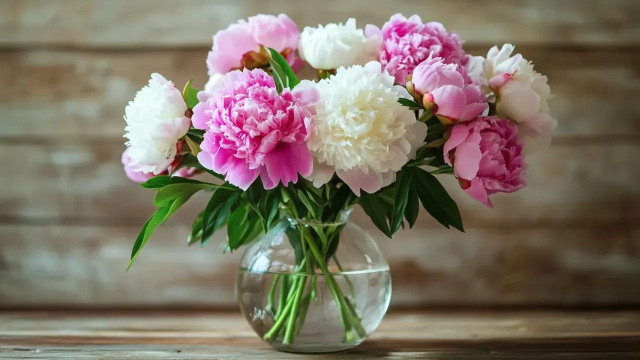 Un bouquet de pivoines roses et blanches dans un vase en verre. La pivoine blanche signification évoque la pureté et la beauté.