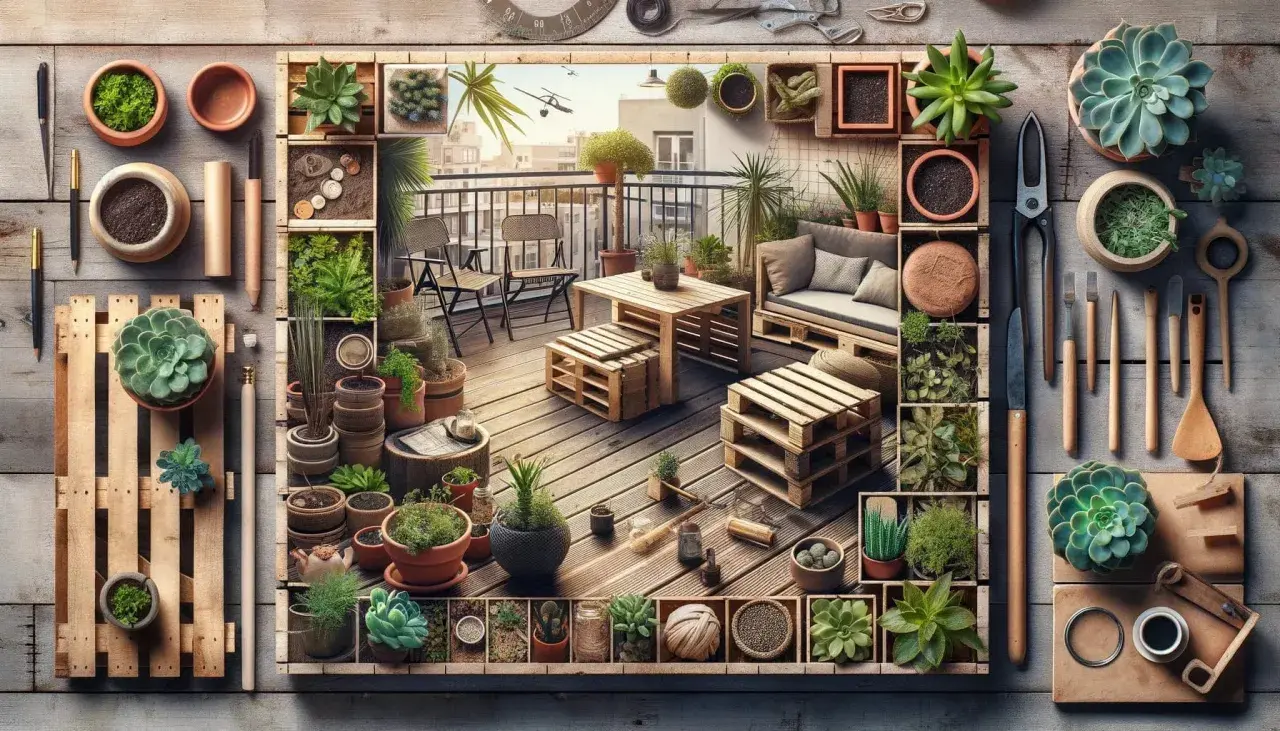 Idées pour aménager une terrasse avec pots : un espace détente verdoyant avec mobilier en palettes et plantes succulentes.