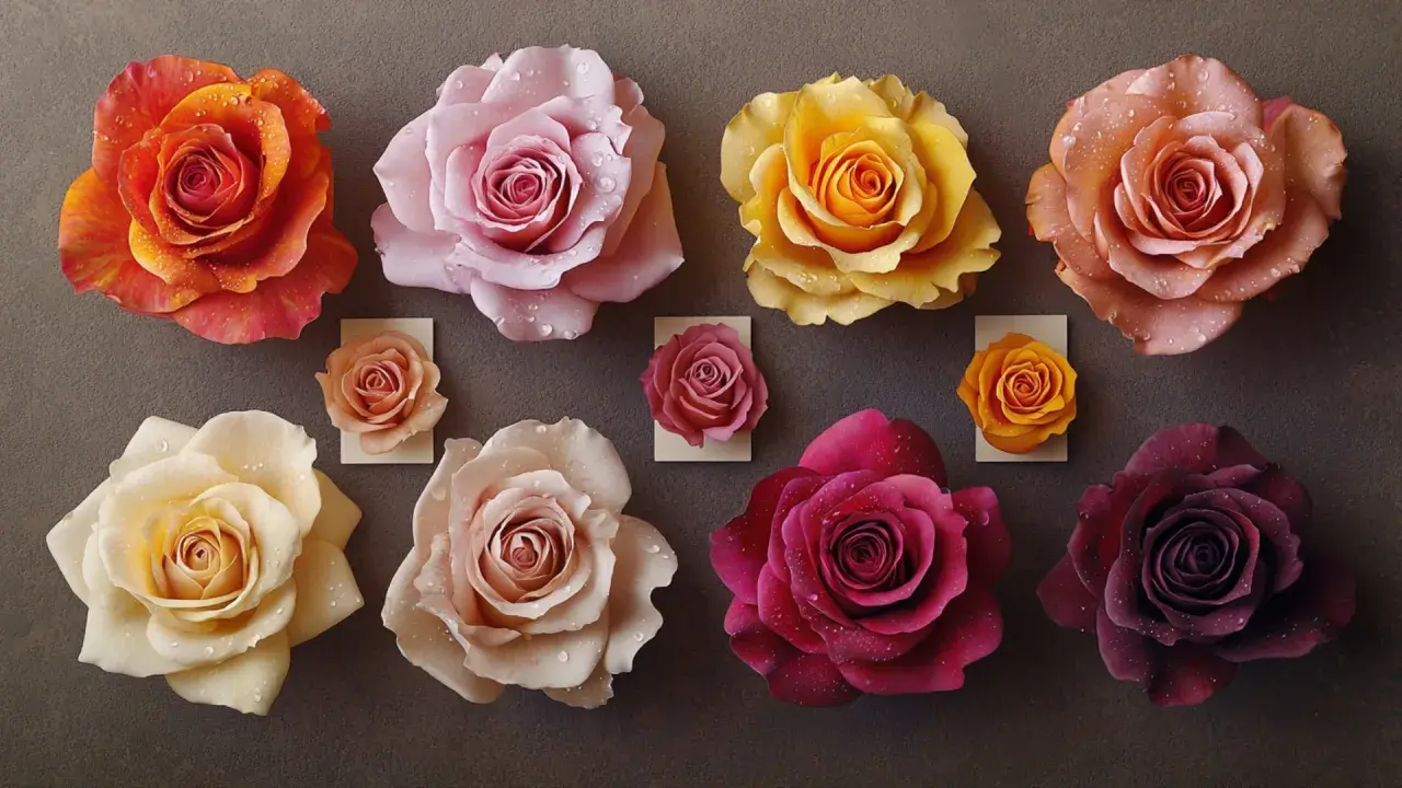 Dix roses de différentes couleurs, certaines avec des gouttes d'eau, évoquent la signification des nombres de roses.