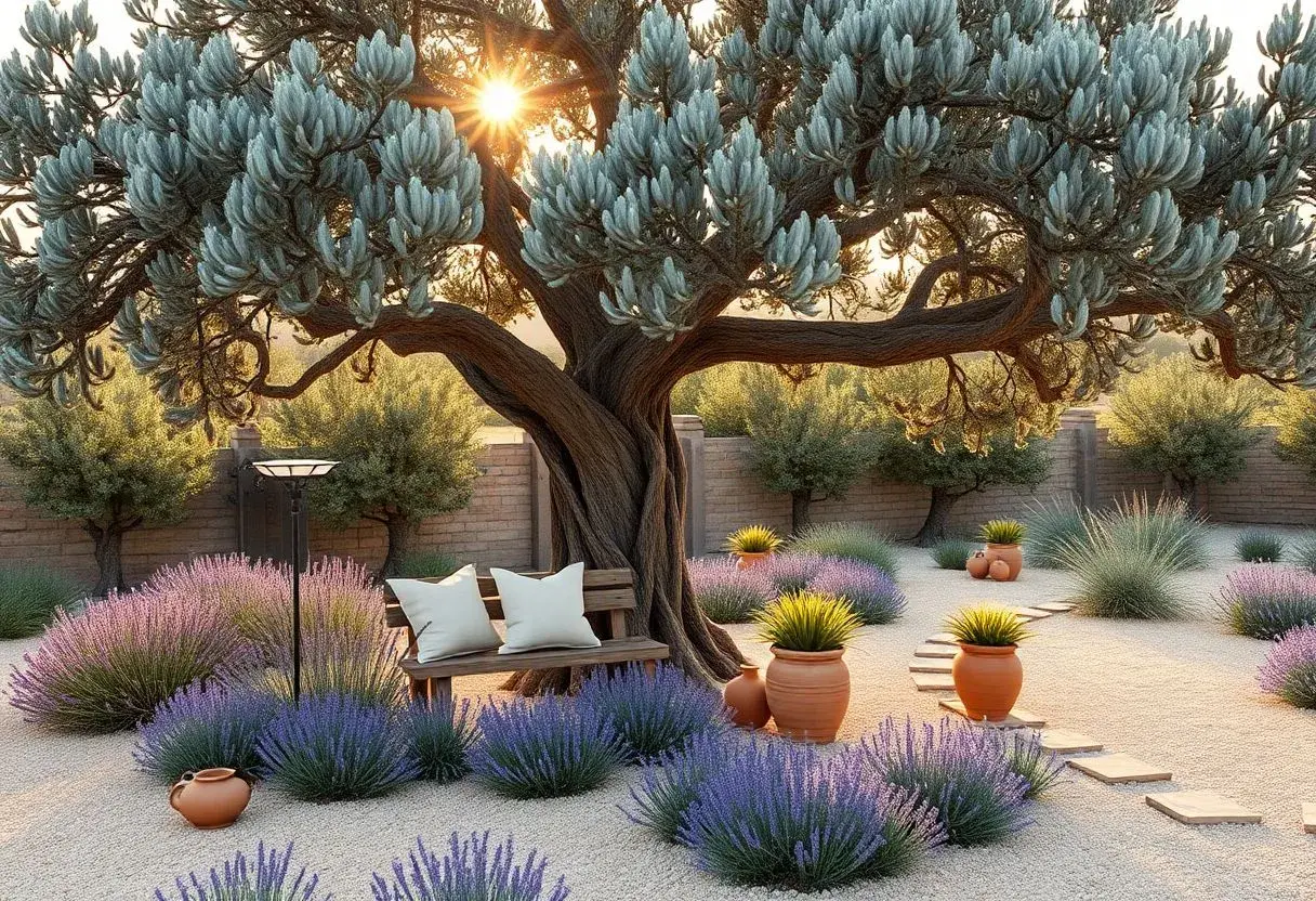 Un banc en bois avec coussins blancs, éclairé par un lampadaire, est installé au pied d'un vieil olivier. La **décoration au pied d'un olivier** est complétée par des lavandes en fleurs et des pots en terre cuite.
