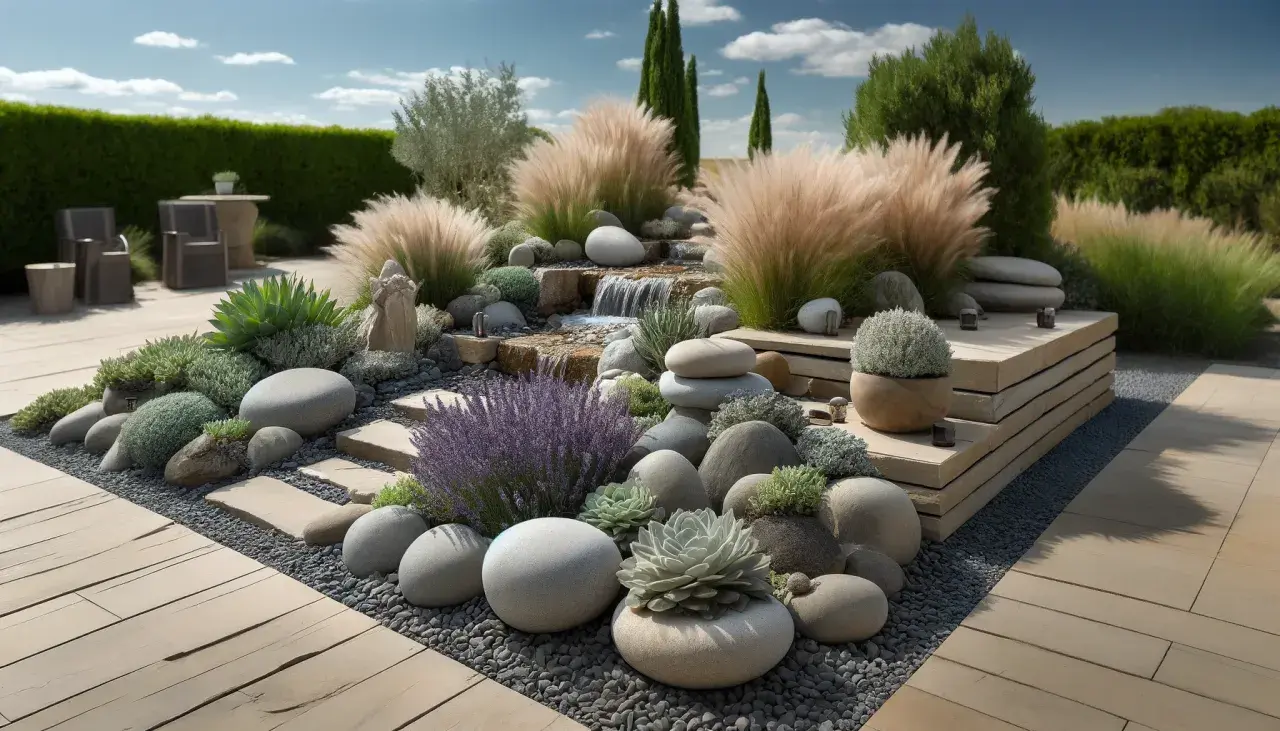 Un magnifique jardin rocaille avec une cascade, des graminées ondulantes, des succulentes et des galets polis. Un havre de paix naturel.