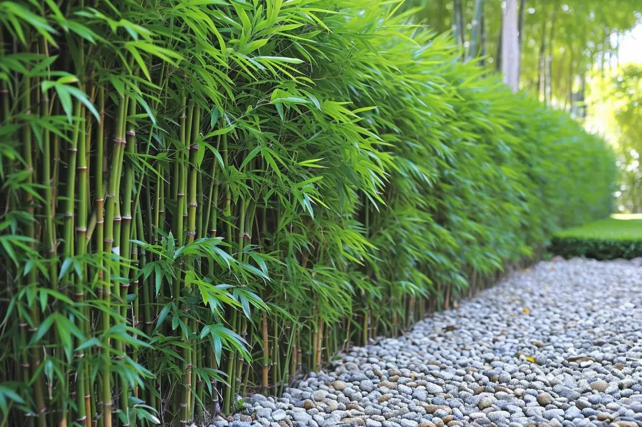 Une haie de bambou en bac, avec ses tiges vertes et ses feuilles luxuriantes, borde un chemin de galets.