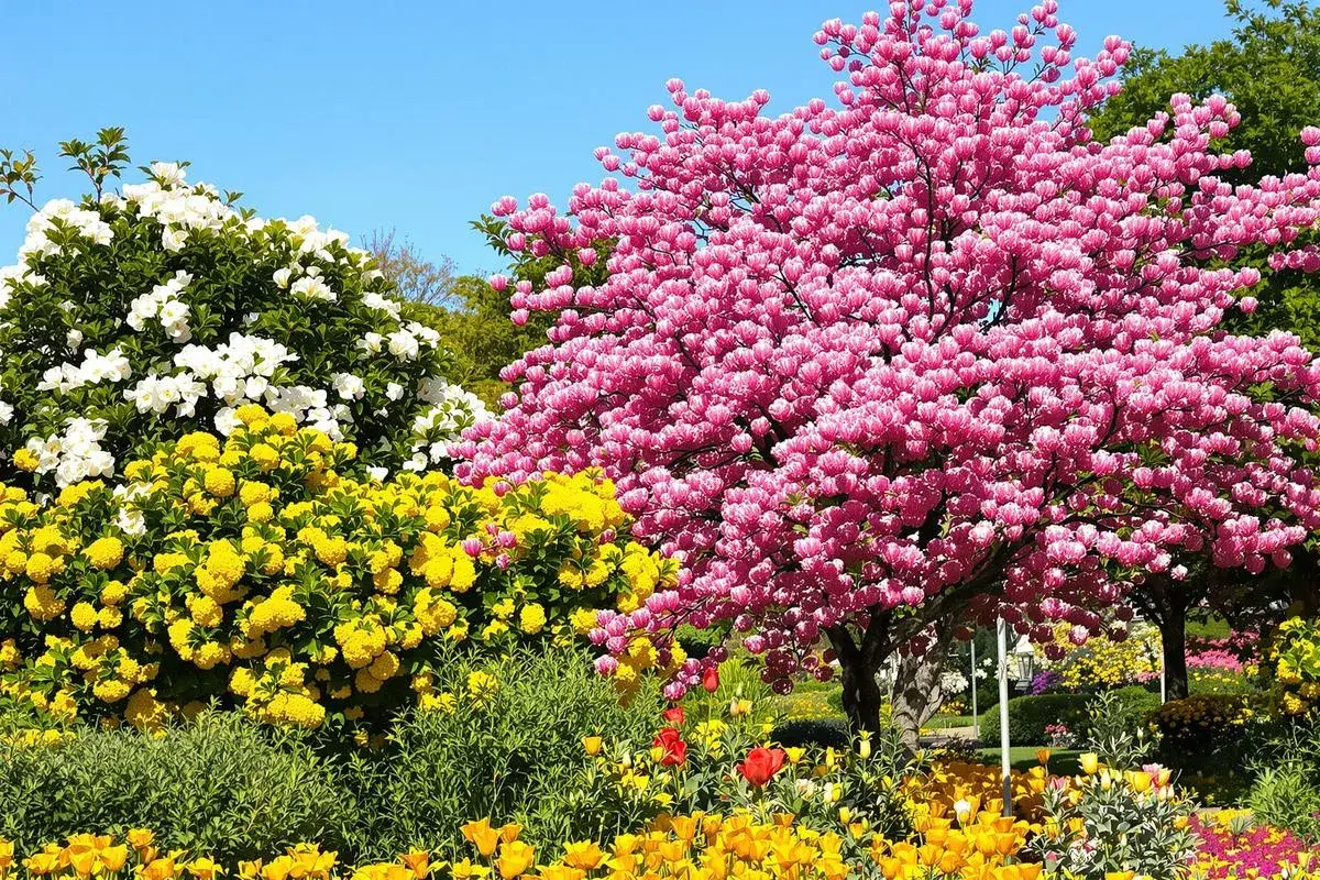 Un magnifique arbre fleuri rose éclatant domine un jardin printanier, entouré de fleurs blanches et jaunes vives sous un ciel bleu clair.