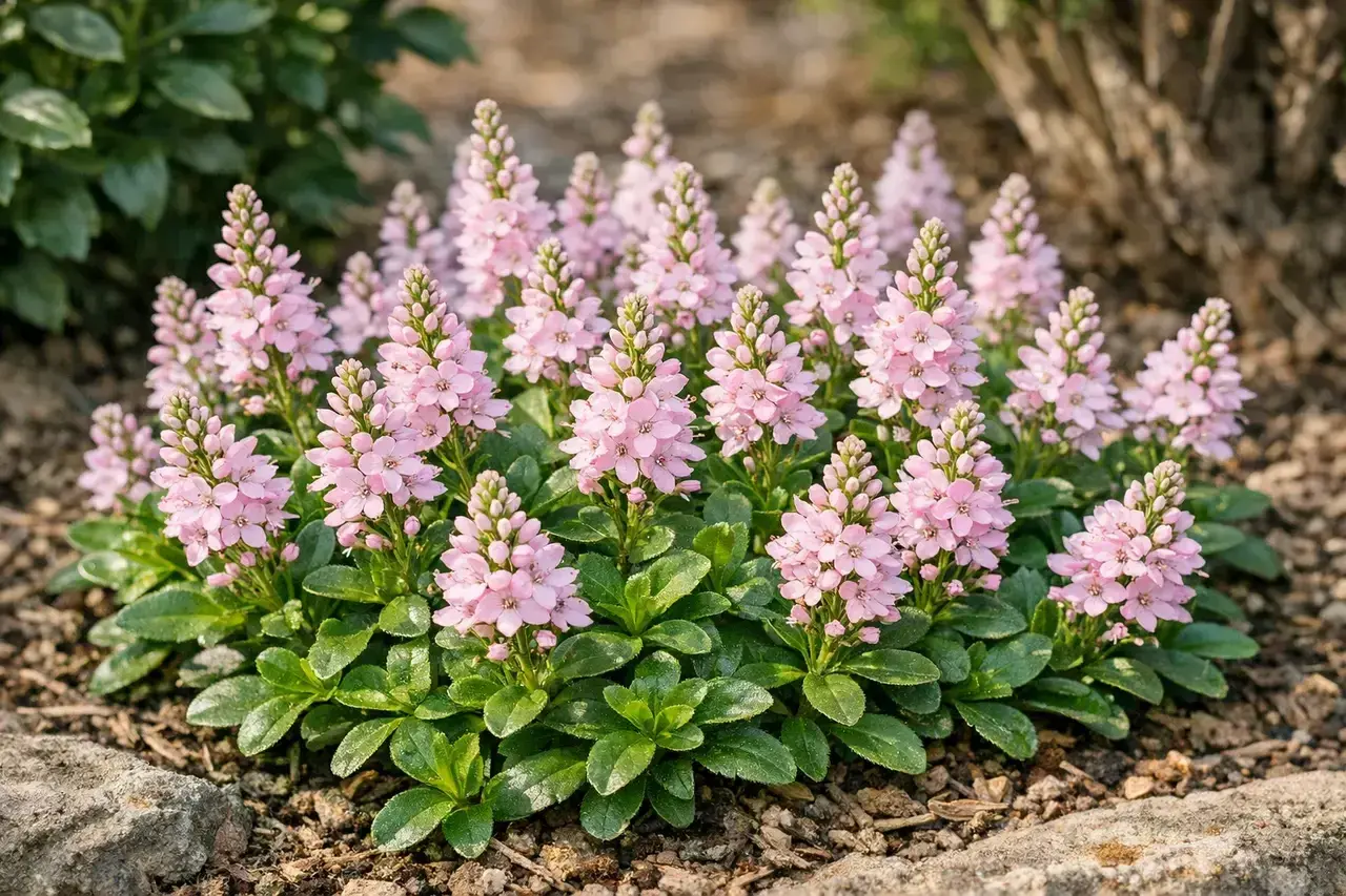 Un parterre de véroniques fleurs roses, aux grappes denses et aux feuilles vertes, s'épanouit sur un sol caillouteux.