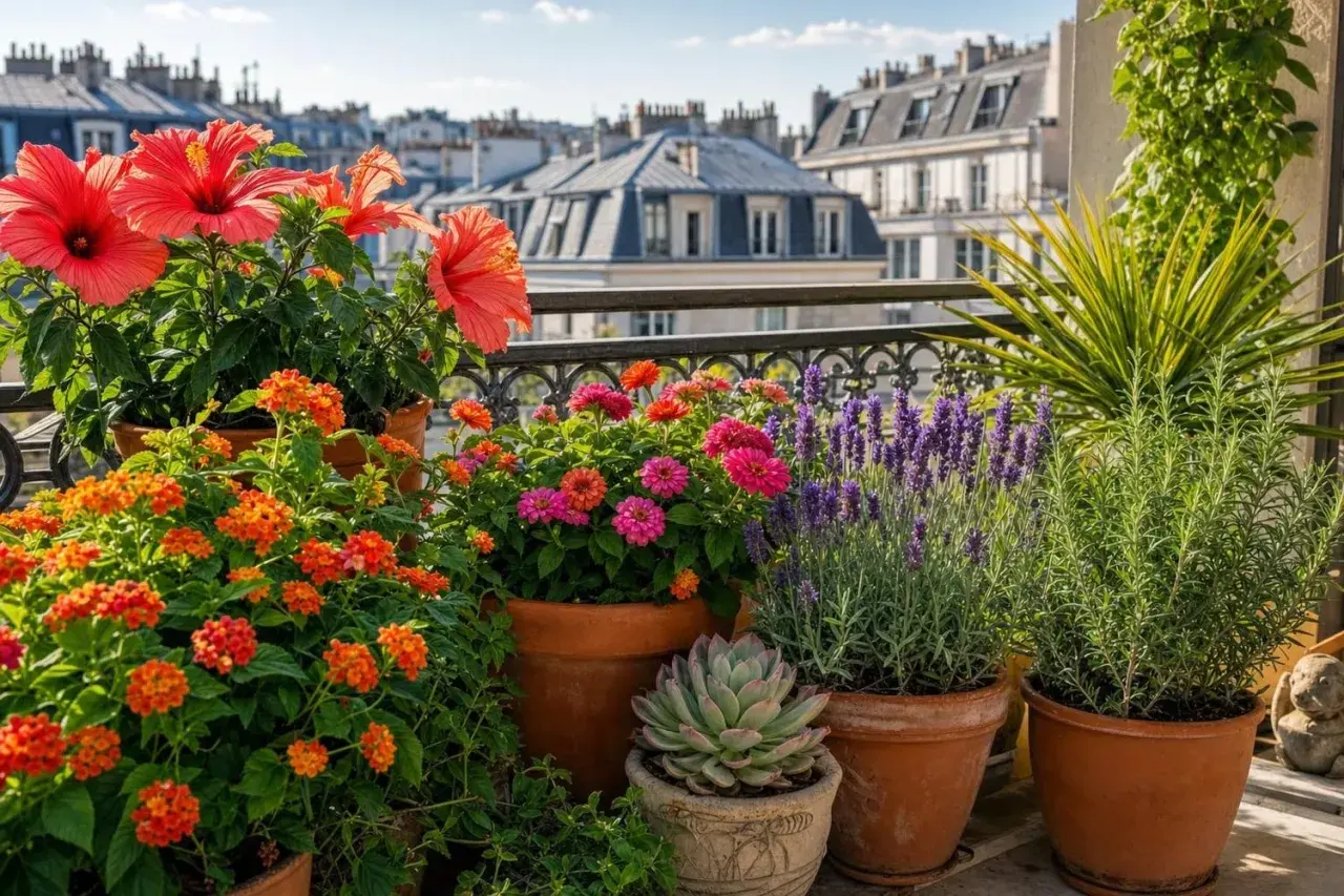 Un balcon fleuri à Paris, avec hibiscus, lantana, zinnias, lavande et romarin. Une belle **plante balcon** qui invite à la détente.