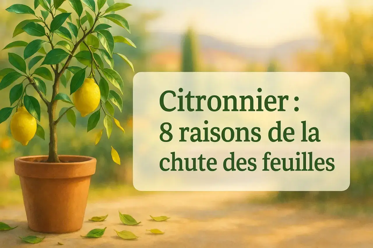 Un citronnier en pot perd ses feuilles. Le texte indique "Citronnier : 8 raisons de la chute des feuilles".