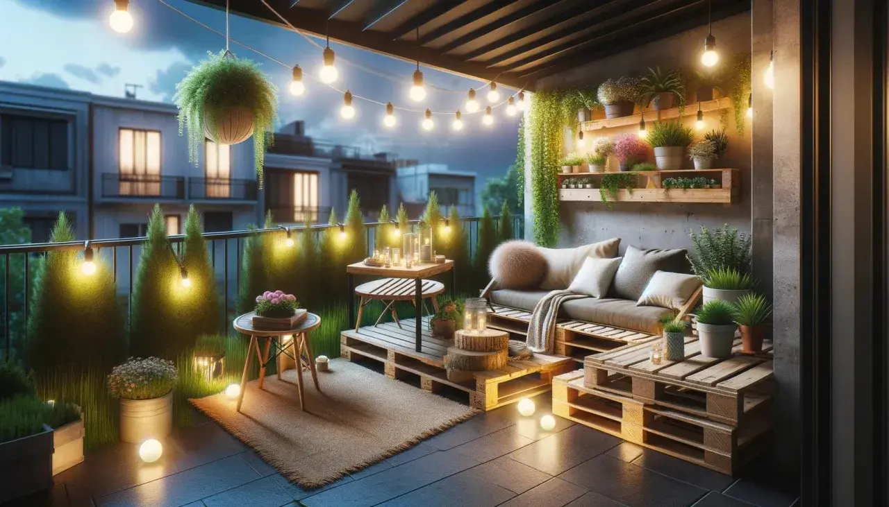 Une petite terrasse aménagée avec des palettes, des plantes et des guirlandes lumineuses pour une ambiance cosy.