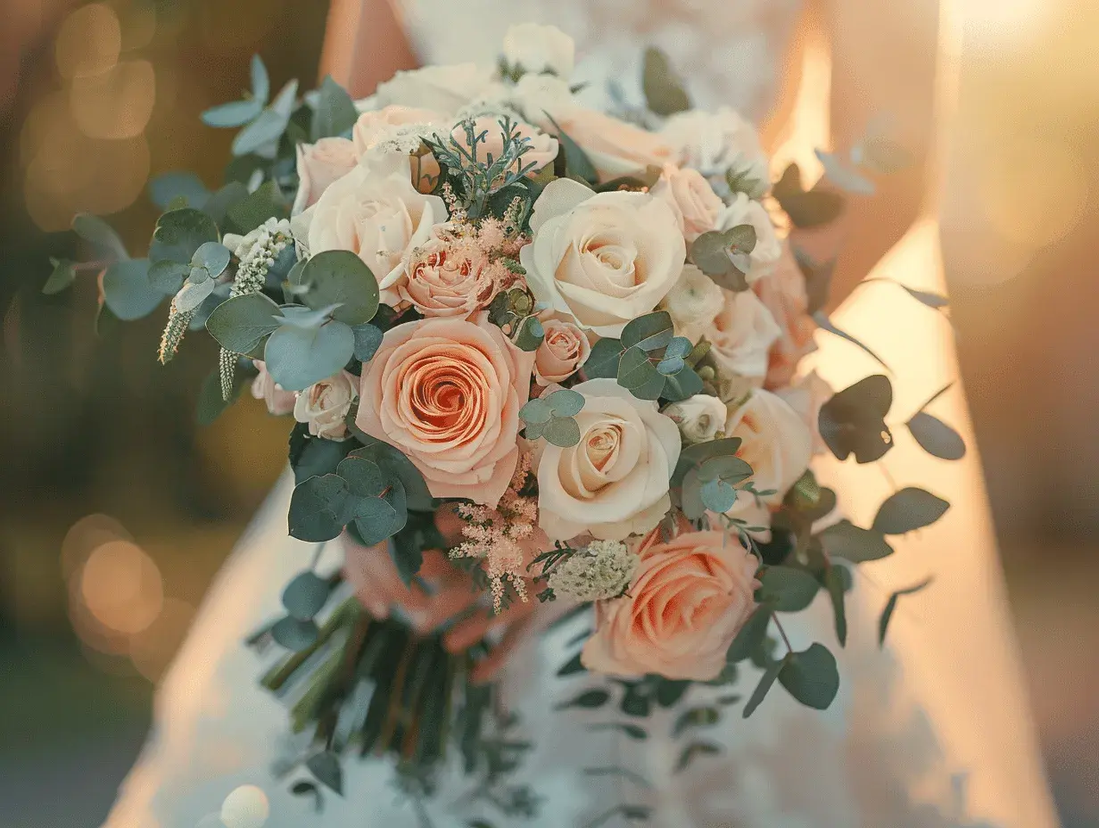 Un joli petit bouquet mariage civil, composé de roses pêche et crème, d'eucalyptus et de petites fleurs blanches, tenu par une mariée.