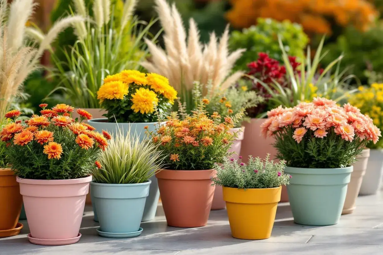 Jardinières extérieures colorées avec des chrysanthèmes orange, jaunes et roses. Une belle idée composition pour un balcon fleuri.