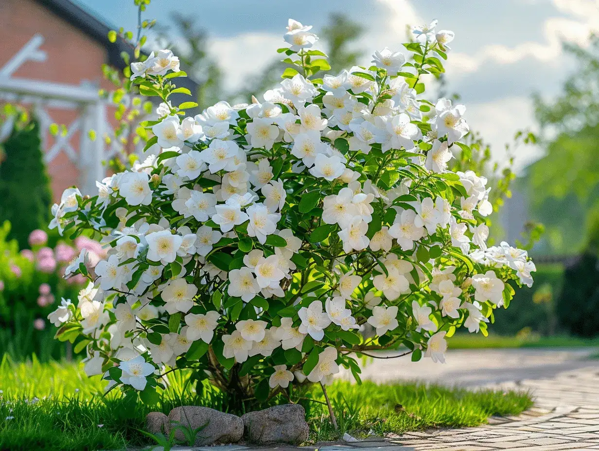 Un arbuste de seringat taille g&eacute;n&eacute;reusement, couvert de fleurs blanches parfum&eacute;es, &eacute;claire un jardin ensoleill&eacute;.