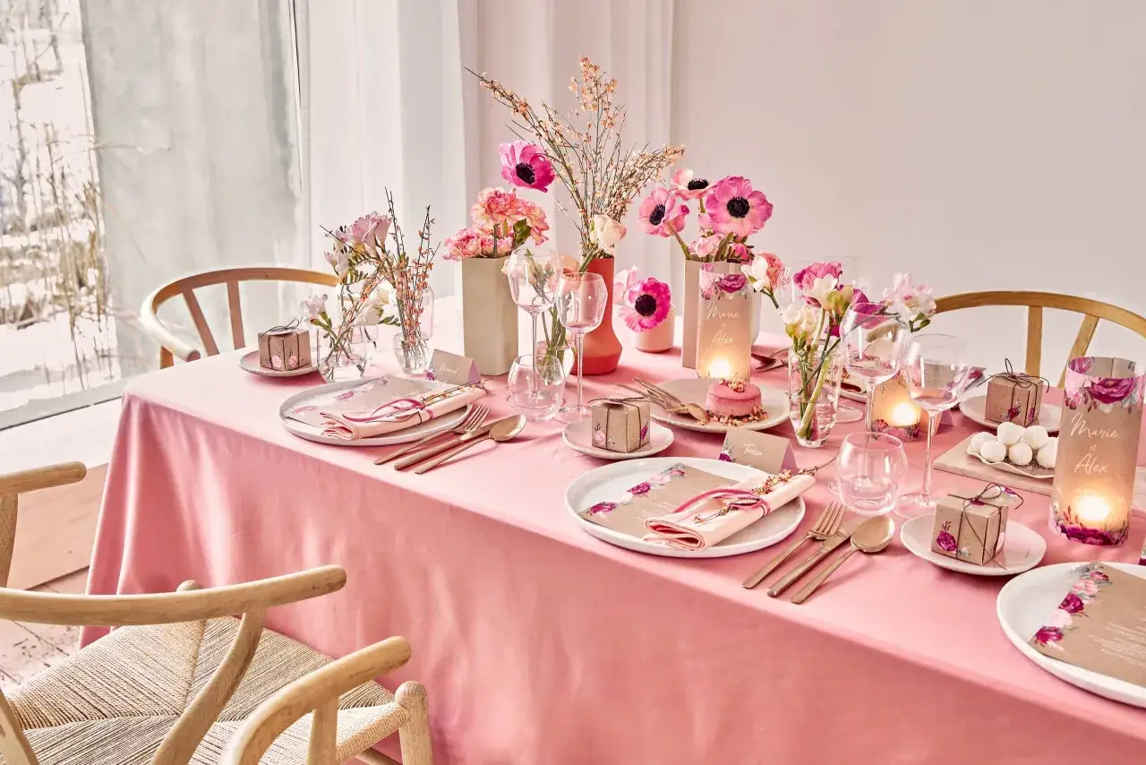 Une table dress&eacute;e pour un repas festif, avec une nappe rose, des fleurs, des bougies et des petits cadeaux. Une belle id&eacute;e d&eacute;co centre de table salle &agrave; manger pour une occasion sp&eacute;ciale.