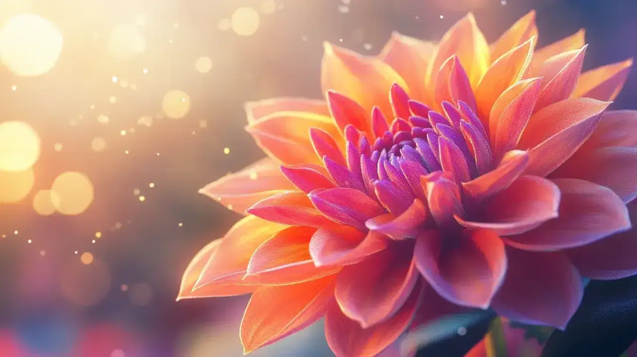 Un dahlia aux p&eacute;tales orange et violets, baign&eacute; de lumi&egrave;re. Sa beaut&eacute; &eacute;voque la signification de la dahlia : la gratitude et la dignit&eacute;.