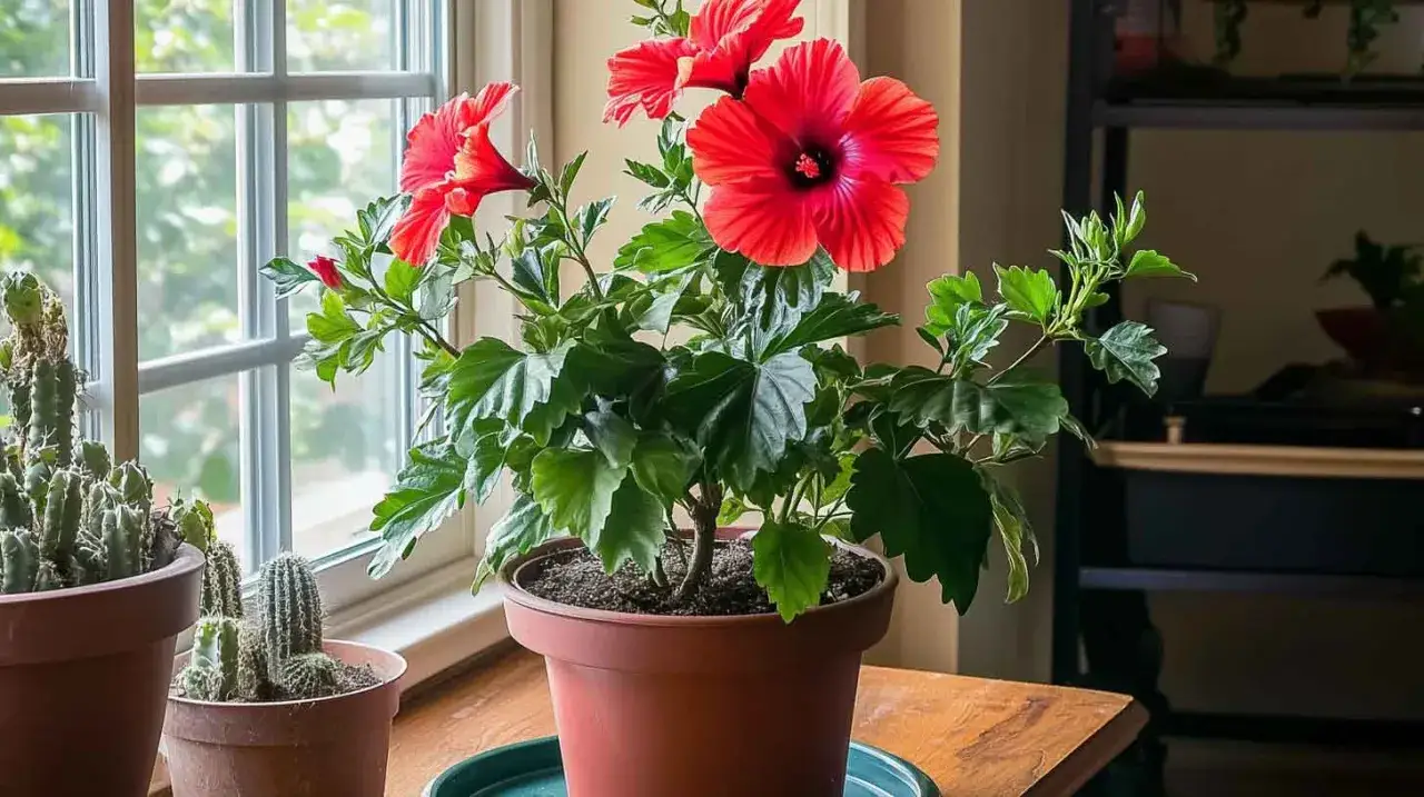 Un magnifique hibiscus rouge en pot, pr&ecirc;t pour son arrosage, se dresse pr&egrave;s d'une fen&ecirc;tre. Des cactus l'accompagnent.