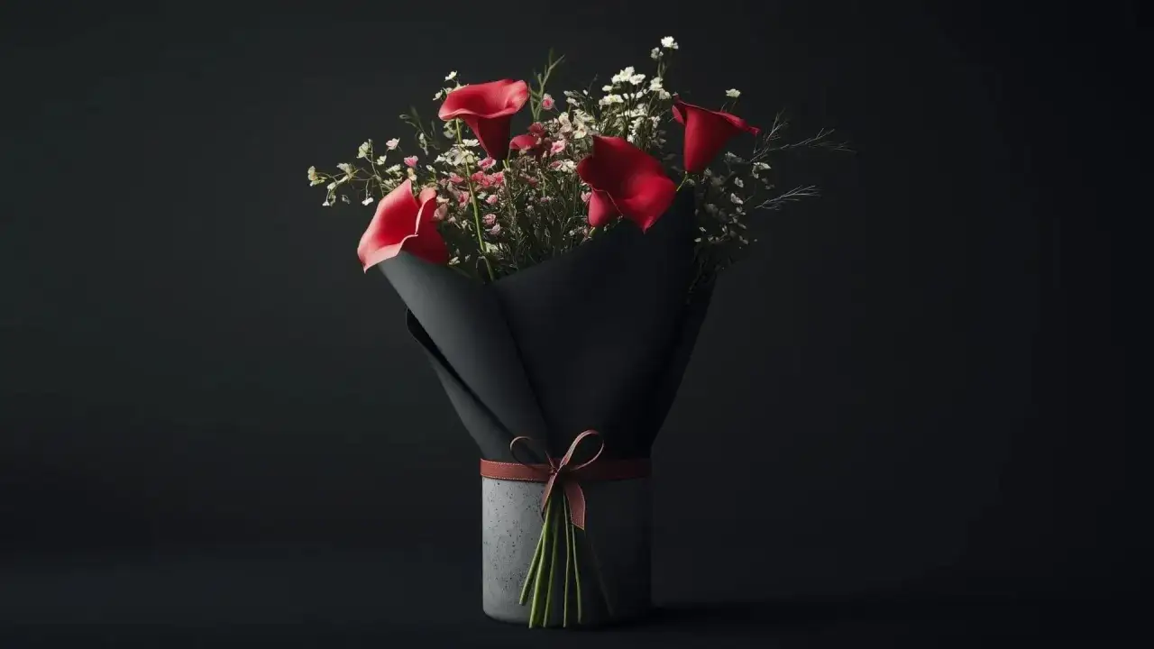 Un bouquet de callas rouges et de petites fleurs blanches, emballé dans du papier noir et noué avec un ruban. Offrir des fleurs à un homme, signification : un geste fort et élégant.