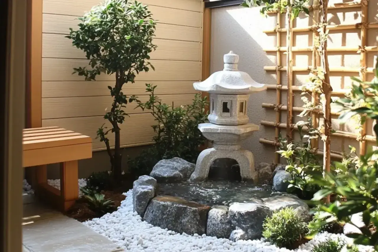 Petit coin de verdure avec lanterne japonaise et cascade. Id&eacute;al pour faire un jardin zen pas cher et apaisant.