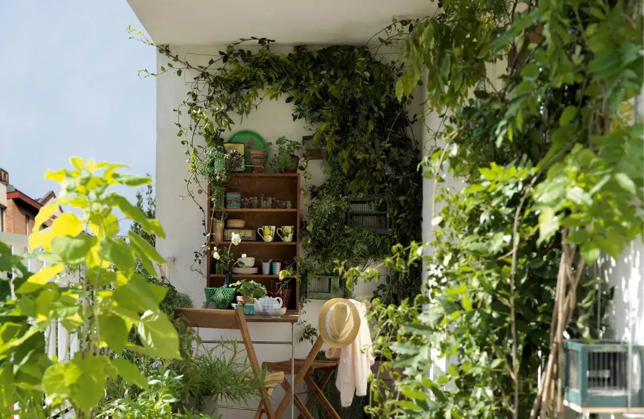 Un balcon verdoyant, une &eacute;tag&egrave;re en bois remplie d'objets charmants, une th&eacute;i&egrave;re et des tasses pour un moment de d&eacute;tente. Une belle deco balcon.