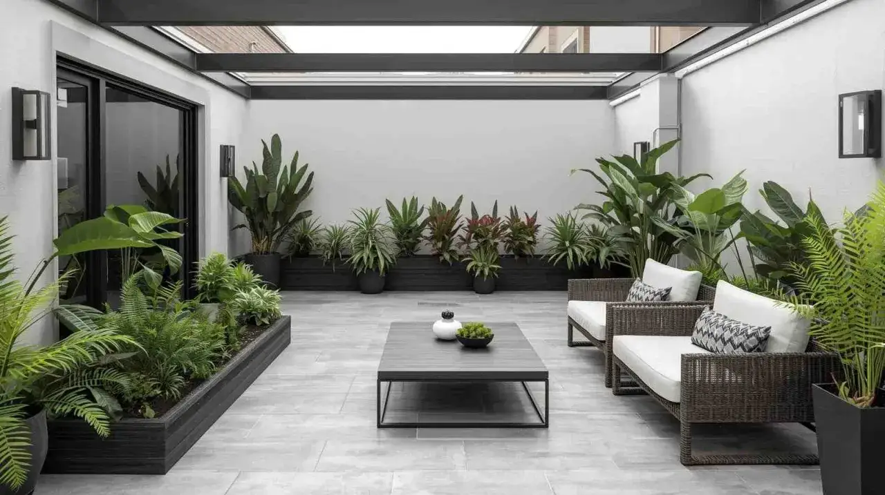 Aménager une terrasse avec pots : un espace moderne avec mobilier en rotin, table basse et profusion de plantes vertes dans des bacs et pots.