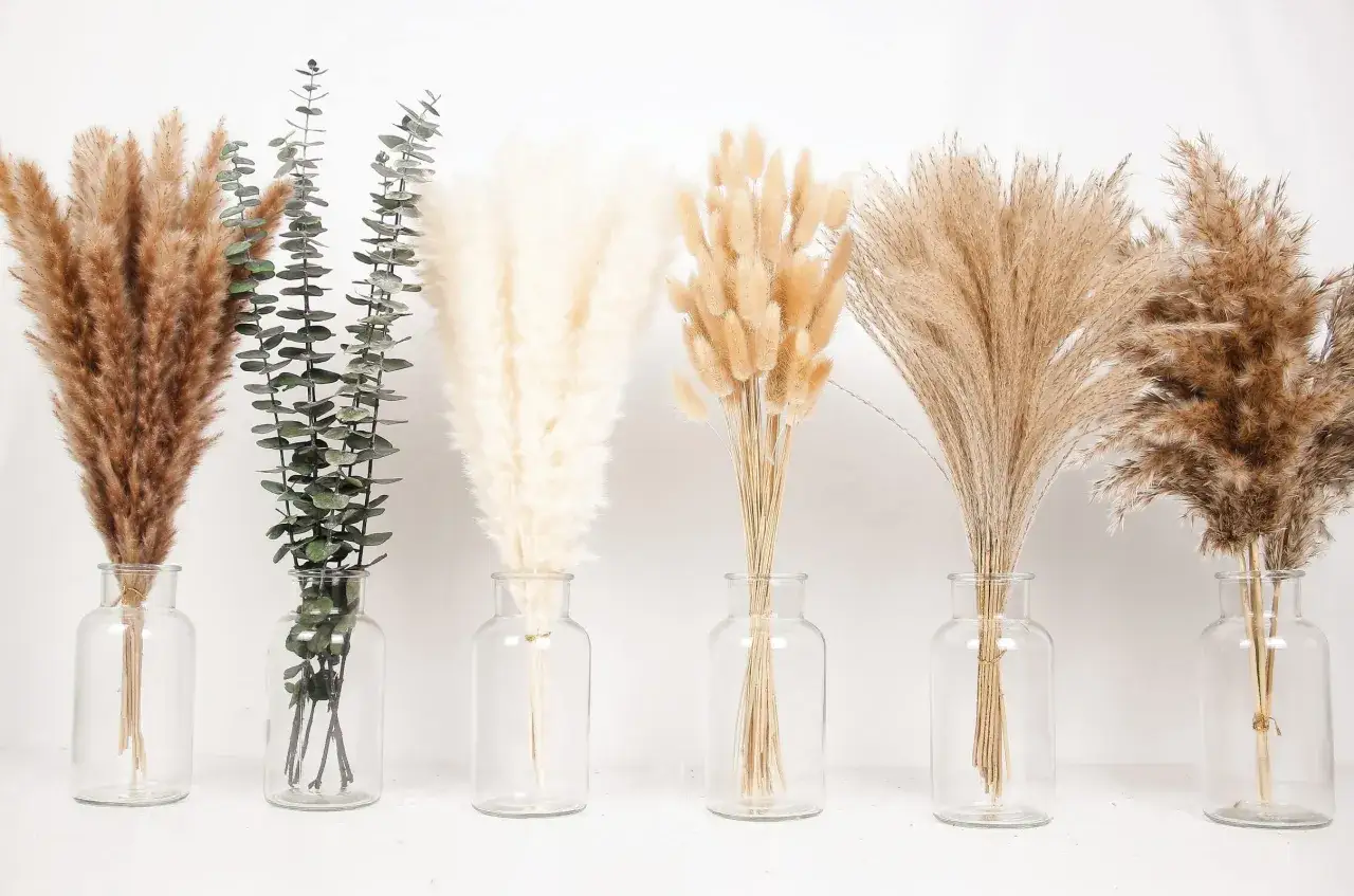 Bouquets de graminées séchées et d'eucalyptus dans des vases en verre, parfaits pour une décoration de mariage bohème.