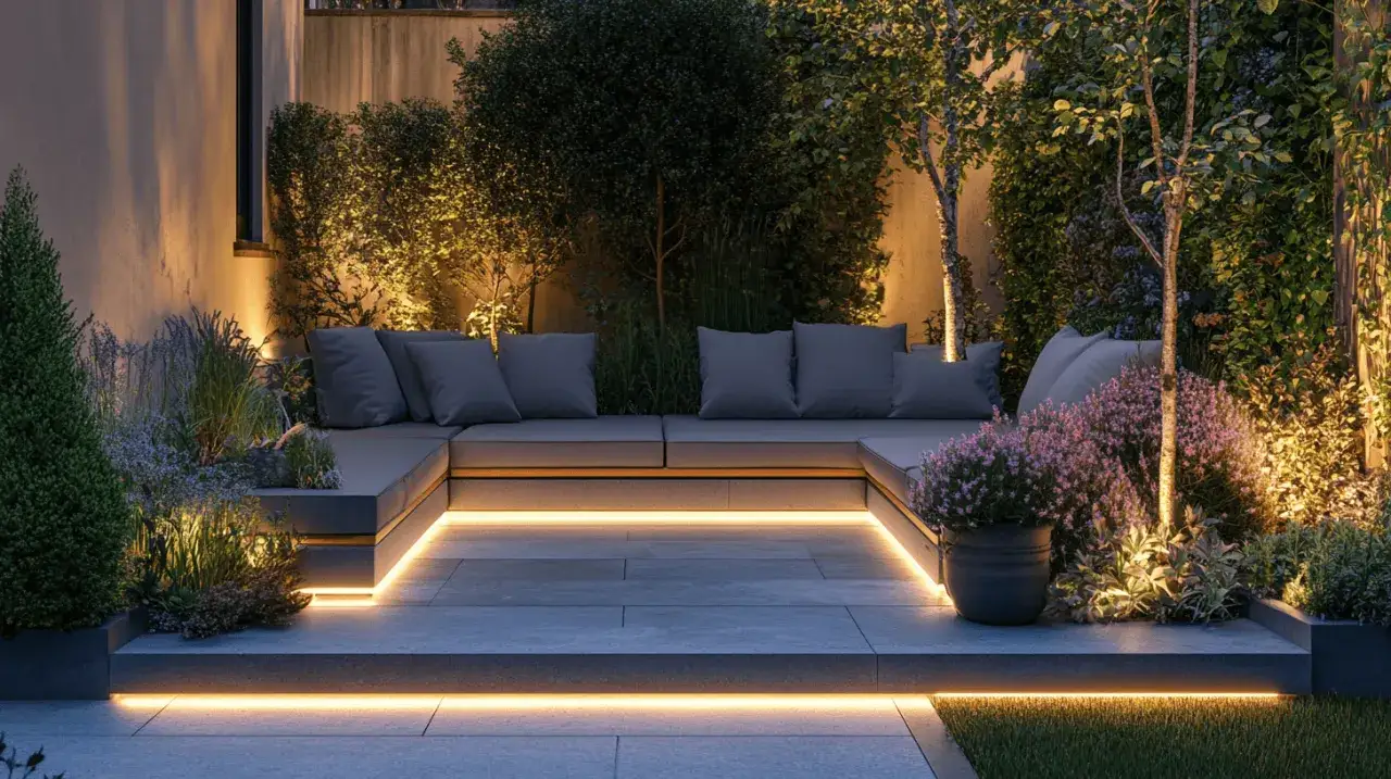 Un salon de jardin moderne avec &eacute;clairage LED int&eacute;gr&eacute;, parfait pour une id&eacute;e d&eacute;co jardin. Des coussins confortables invitent &agrave; la d&eacute;tente sous les arbres illumin&eacute;s.