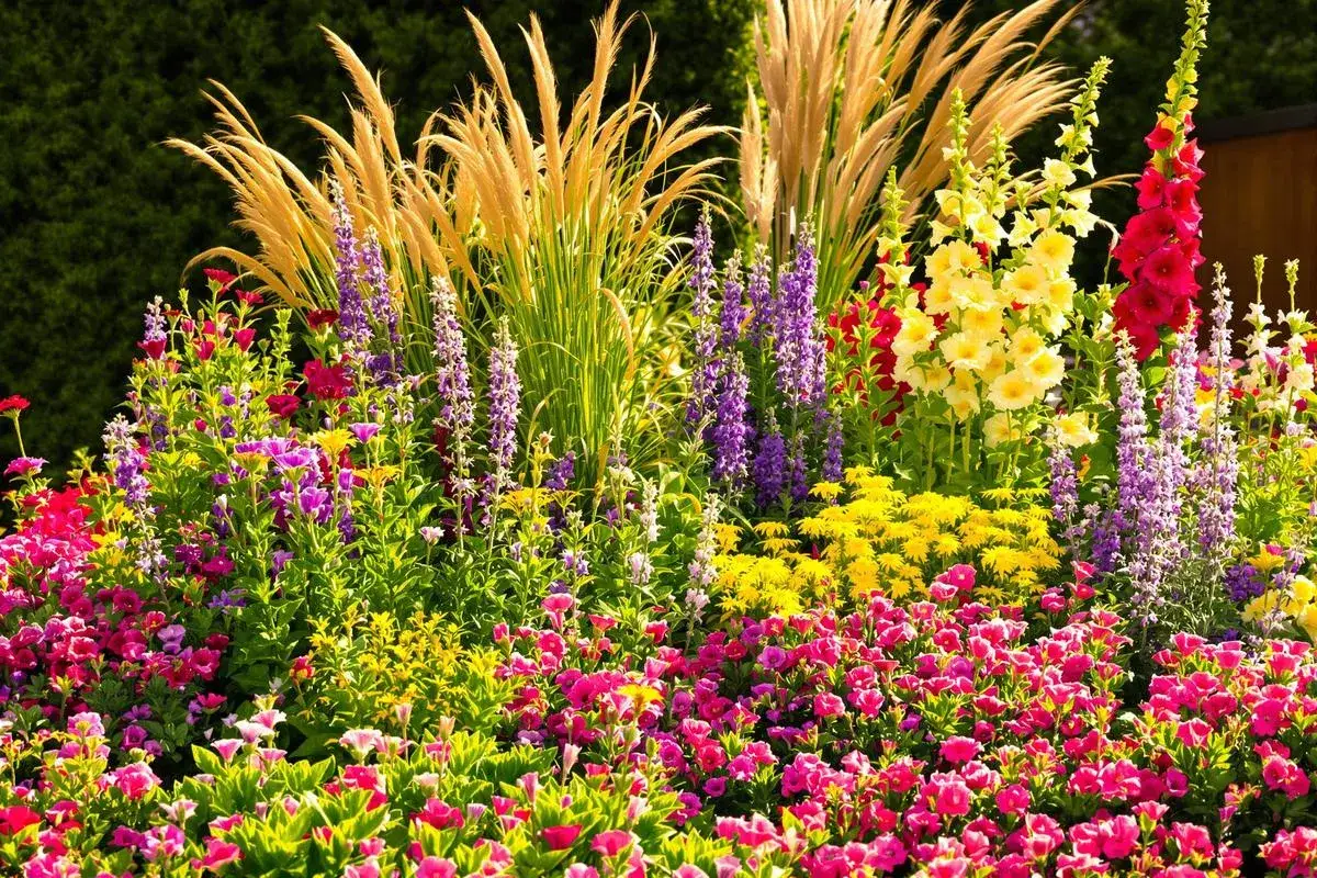Un parterre fleuri aux couleurs vives, avec des graminées dorées, des delphiniums violets et des fleurs roses et jaunes. La texture plante est riche et variée.