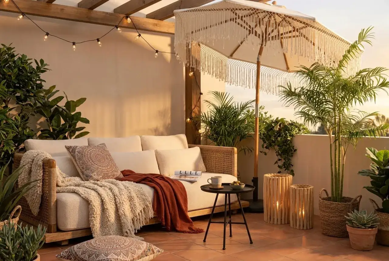 Une petite terrasse cocooning avec un canap&eacute; confortable, des coussins ethniques, une couverture douillette, un parasol boh&egrave;me et des lanternes lumineuses.