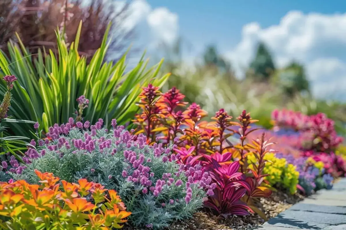 Un parterre color&eacute; avec des plantes aux teintes vives, des gramin&eacute;es et un couvre sol persistant aux fleurs violettes.