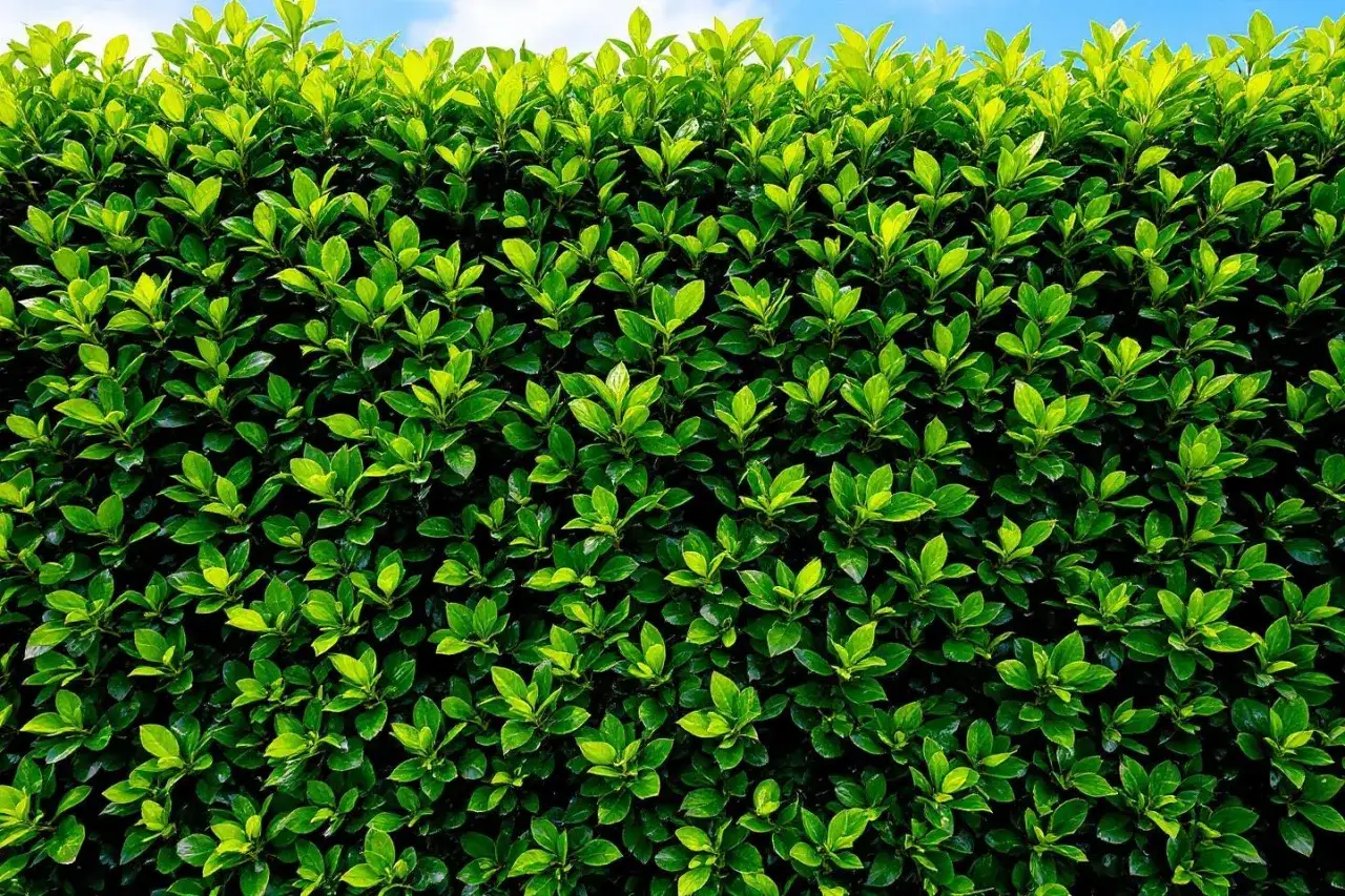 Mur dense et verdoyant de feuilles de laurier cerise, sous un ciel bleu clair.