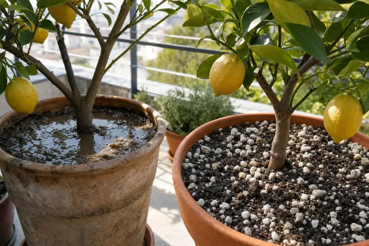 Deux citronniers en pot sur un balcon. L'un est fra&icirc;chement arros&eacute;, l'autre attend d'&ecirc;tre rempot&eacute;.
