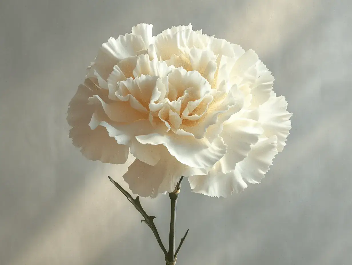 Un œillet blanc, symbole de pureté et d'amour sincère, se dresse sur un fond doux.