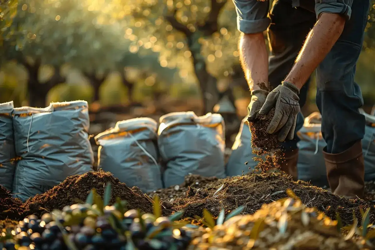 Un agriculteur pr&eacute;pare la terre, riche et fertile, id&eacute;ale pour un olivier. Des sacs de terre sont pr&ecirc;ts, sous un soleil dor&eacute;.