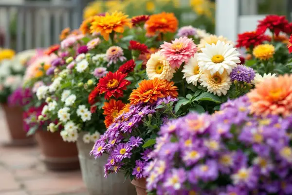 Un assortiment de fleurs rondes aux couleurs vives : jaunes, oranges, rouges, roses, blanches et violettes, disposées en pots sur un sol pavé.